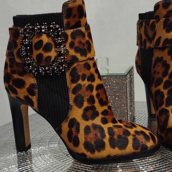 Karl Lagerfeld Vania Calf Hair Rhinestone Ankle Boots Animal High Heel Leopard - Picture 3 of 10